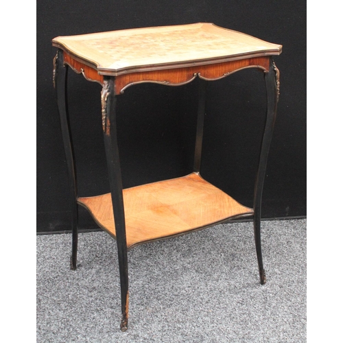 207 - A Louis XVI style occasional table, serpentine rectangular marquetry and parquetry top, inlaid with ... 