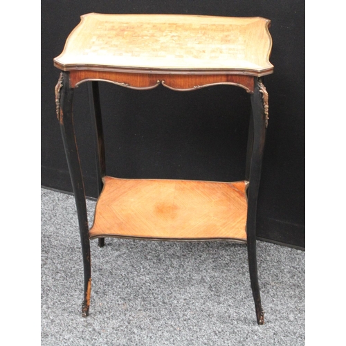 207 - A Louis XVI style occasional table, serpentine rectangular marquetry and parquetry top, inlaid with ... 