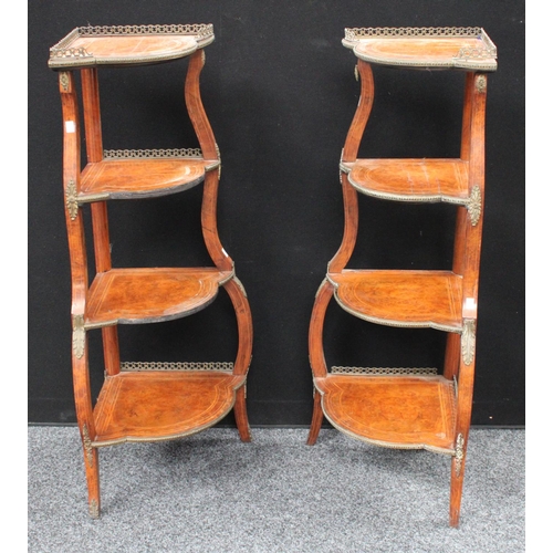 208 - A pair of 19th century brass mounted walnut four-tier warterfall corner whatnots, 109.5cm high (2)