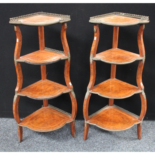 208 - A pair of 19th century brass mounted walnut four-tier warterfall corner whatnots, 109.5cm high (2)