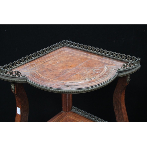 208 - A pair of 19th century brass mounted walnut four-tier warterfall corner whatnots, 109.5cm high (2)