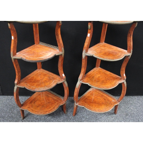 208 - A pair of 19th century brass mounted walnut four-tier warterfall corner whatnots, 109.5cm high (2)