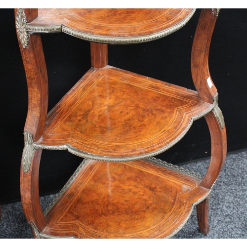 208 - A pair of 19th century brass mounted walnut four-tier warterfall corner whatnots, 109.5cm high (2)
