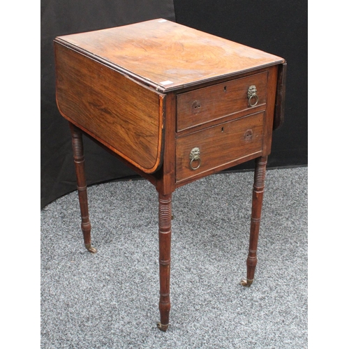 219 - A George III work table, rectangular top with fall leaves above a pair of frieze drawers, blind to v... 