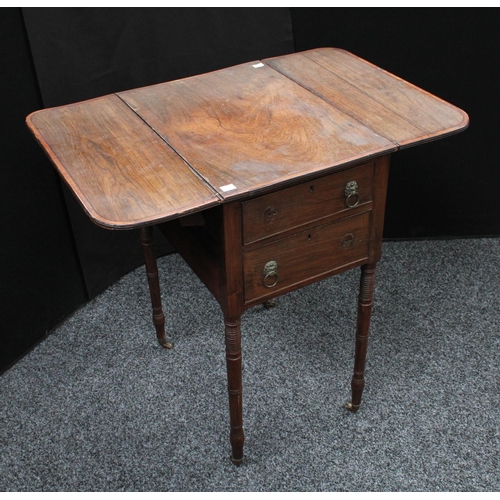 219 - A George III work table, rectangular top with fall leaves above a pair of frieze drawers, blind to v... 