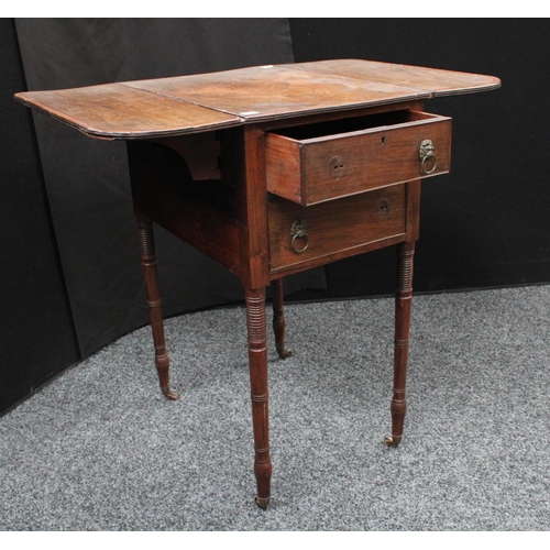219 - A George III work table, rectangular top with fall leaves above a pair of frieze drawers, blind to v... 
