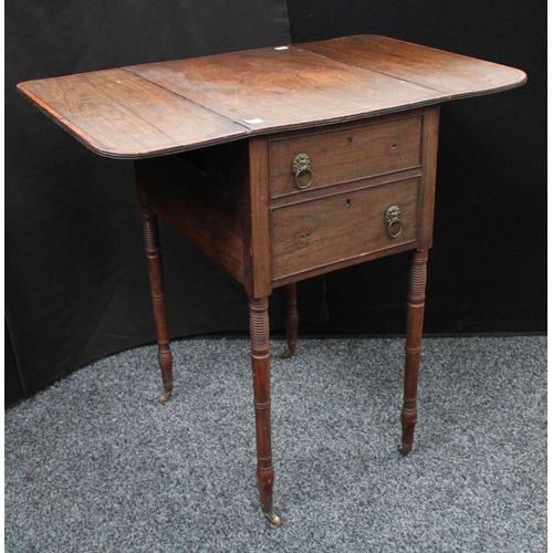 219 - A George III work table, rectangular top with fall leaves above a pair of frieze drawers, blind to v... 