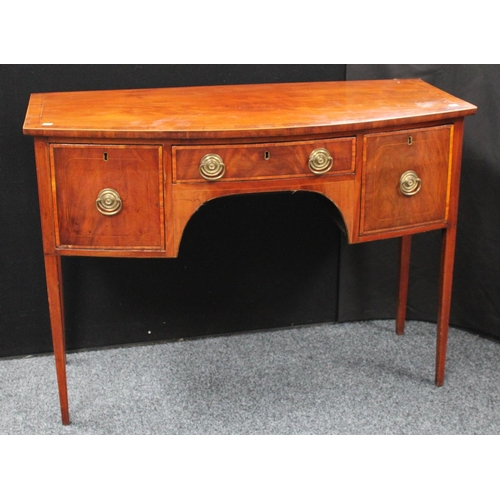 220 - A George III mahogany sideboard, of small proportions, bowed rectangular crossbanded top above a cen... 