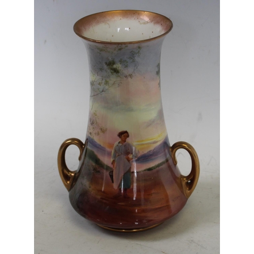 223 - A Royal Doulton  waisted cylindrical two handled vase, continuously painted by Harry Allen with a la... 