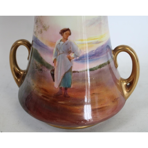 223 - A Royal Doulton  waisted cylindrical two handled vase, continuously painted by Harry Allen with a la... 