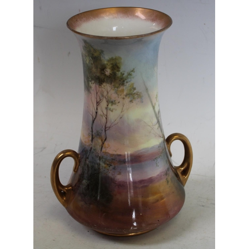 223 - A Royal Doulton  waisted cylindrical two handled vase, continuously painted by Harry Allen with a la... 