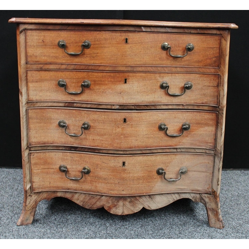 9 - A George III mahogany serpentine chest, crossbanded top above four long graduated cockbeaded drawers... 