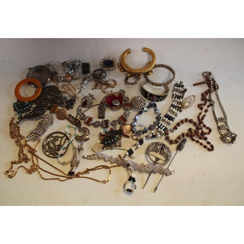 572 - Jewellery - various decorative and costume jewellery, silver bracelet; gold plated locket; etc