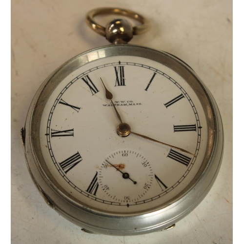 586 - A Continental open face Waltham pocket watch, white enamel dial, Roman numerals, minute track, subsi... 