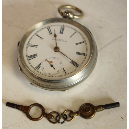 586 - A Continental open face Waltham pocket watch, white enamel dial, Roman numerals, minute track, subsi... 