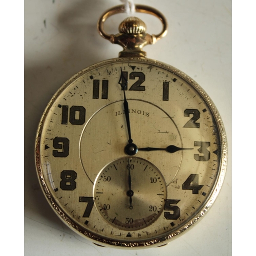 590 - An American Illinois open face pocket watch, silvered dial , Arabic numerals, subsidiary seconds, bl... 