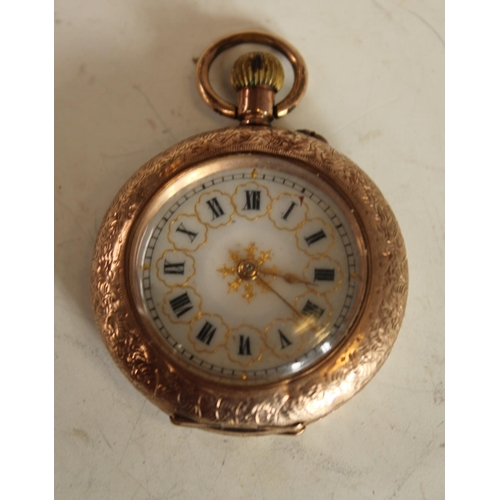 594 - A Cuivre ladies pocket watch, 9k gold case, gilt decorated white dial, Roman numerals