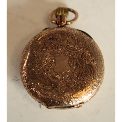 594 - A Cuivre ladies pocket watch, 9k gold case, gilt decorated white dial, Roman numerals