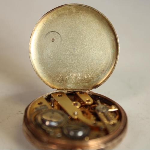 594 - A Cuivre ladies pocket watch, 9k gold case, gilt decorated white dial, Roman numerals