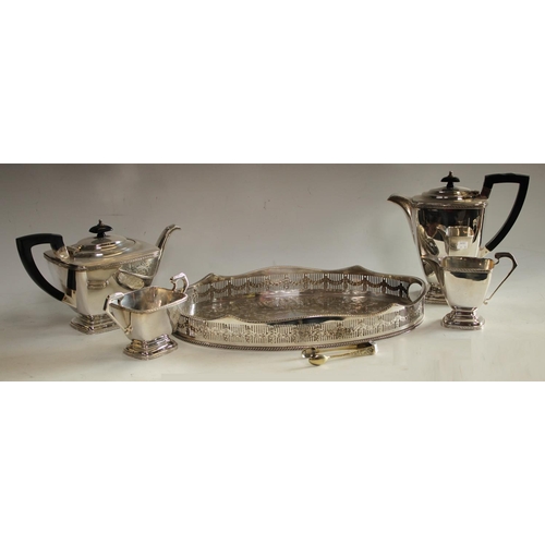 607 - An Art Deco silver plated four piece tea service; gallery tray; etc