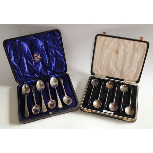 617 - A set of six silver teaspoons, marked 925, cased; a set of six silver coffee spoons, Birmingham, cas... 