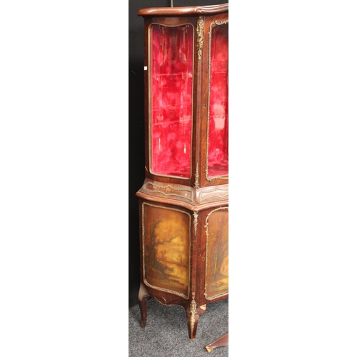 620 - A French Louis XV Revival gilt metal mounted rosewood and Vernis Martin bombe shaped salon vitrine, ... 