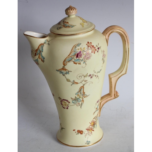 69 - A Royal Worcester coffee pot, yellow ground with floral decoration W4381 pattern