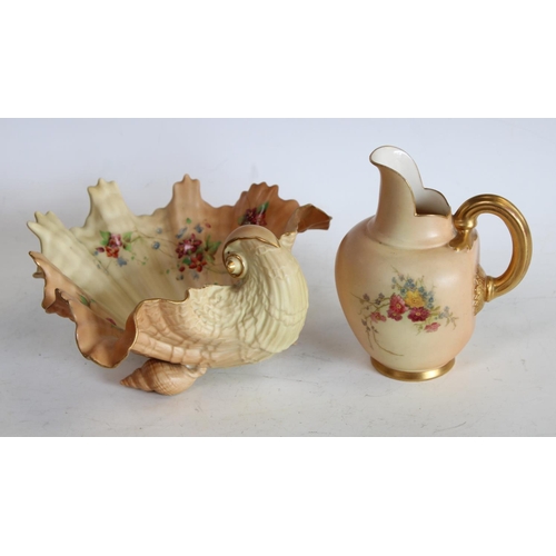 74 - A Royal Worcester scallop shell, blush ivory, bowl; a similar marlet jug (2)