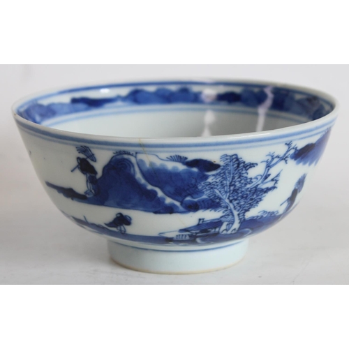 75 - A Chinese porcelain circular bowl, painted in underglaze blue with a stylized panoramic landscape, t... 