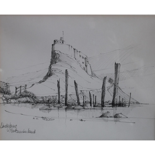 84 - A 20th century pencil sketch of Lindisfarne; another similar; another, watercolour (3)