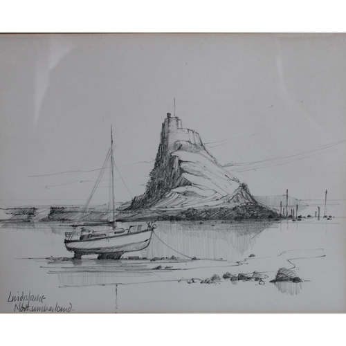 84 - A 20th century pencil sketch of Lindisfarne; another similar; another, watercolour (3)