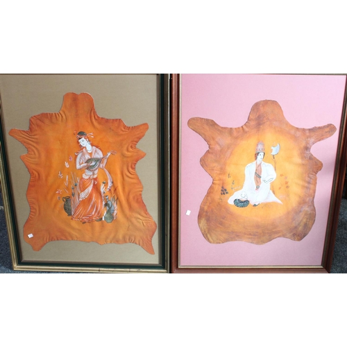 88 - A pair Persian paintings on hide, courtly characters, framed and glazed approx 92cm x 70cm (2)