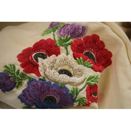 560C - Textiles - hand embroidered linen tablecloths including English country garden flowers; Crinoline la... 