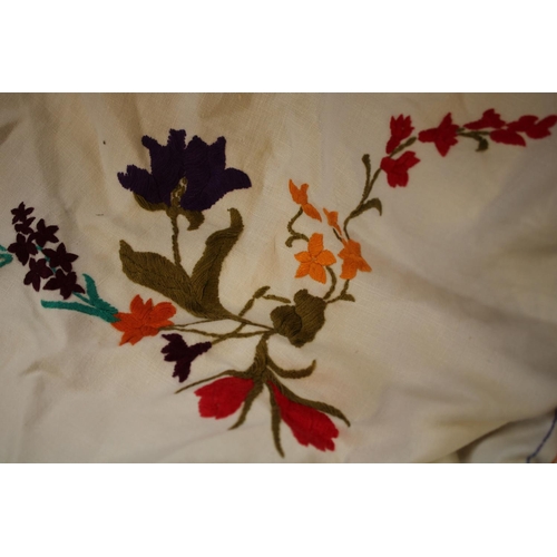 560C - Textiles - hand embroidered linen tablecloths including English country garden flowers; Crinoline la... 