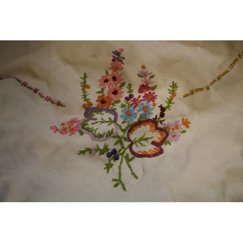 560C - Textiles - hand embroidered linen tablecloths including English country garden flowers; Crinoline la... 