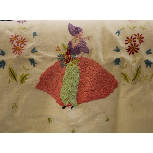 560C - Textiles - hand embroidered linen tablecloths including English country garden flowers; Crinoline la... 