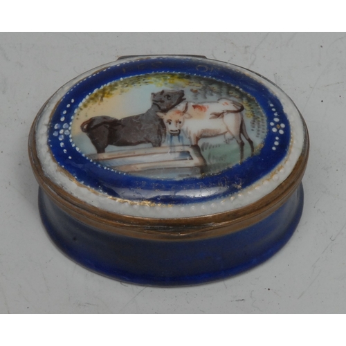 200B - A George III South Staffordshire enamel oval patch box, the painted with a pair of cows by a water t... 