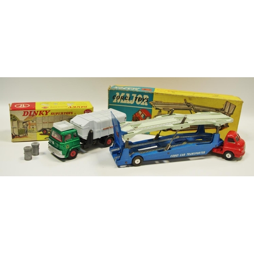 114 - Dinky 978 Bedford Refuse Wagon - metallic green cab, red interior and plastic hubs, light grey back ... 