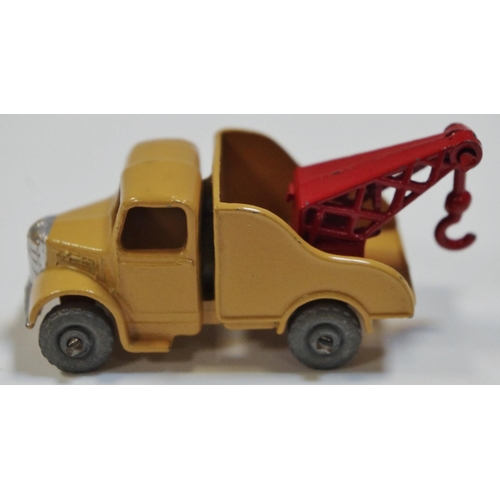 11 - Matchbox Regular Wheels 13a Bedford Wreck Truck - tan body, silver trim, red jib and hook, metal whe... 