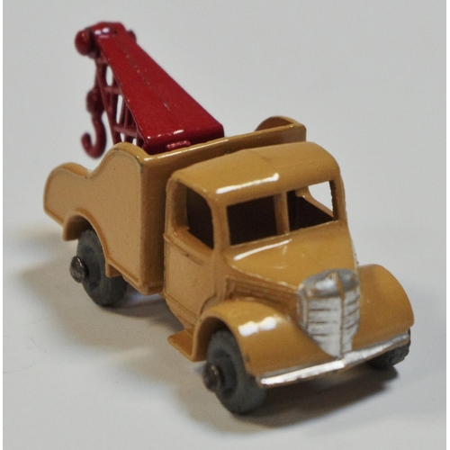 11 - Matchbox Regular Wheels 13a Bedford Wreck Truck - tan body, silver trim, red jib and hook, metal whe... 