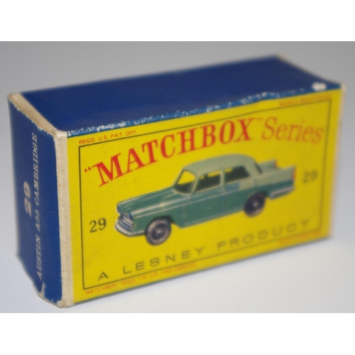 33 - Matchbox Regular Wheels 29b Austin Cambridge Saloon - two-tone green, silver trim to front only, kno... 