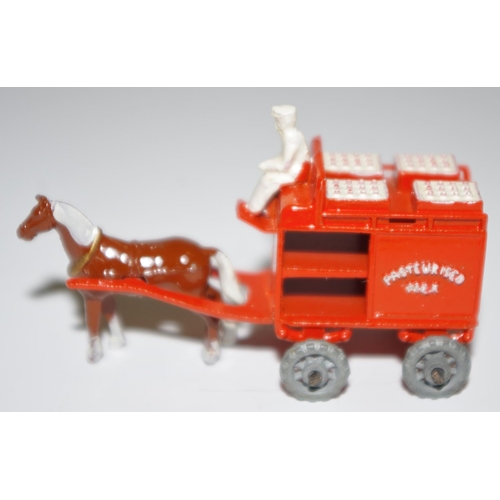 8 - Matchbox Regular Wheels 7a Horse Drawn Milk Float - orange, pale white crates, white figure driver, ... 