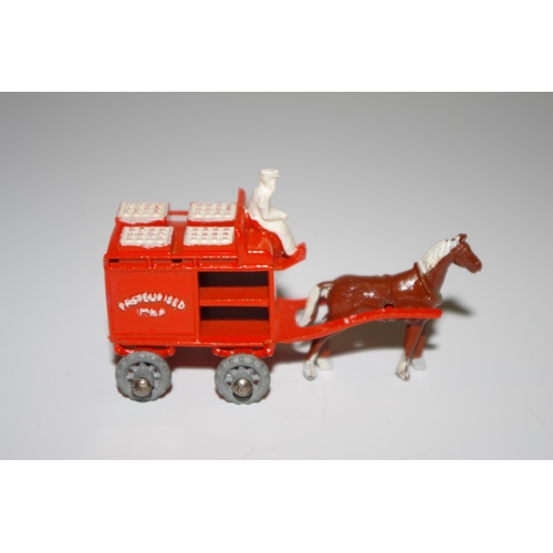 8 - Matchbox Regular Wheels 7a Horse Drawn Milk Float - orange, pale white crates, white figure driver, ... 