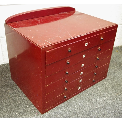 94 - A scarce Meccano shop Parts Storage Cabinet, painted maroon, six drawers each alphabetically labelle... 