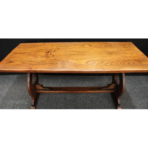 160 - A Gothic style oak refectory farmhouse trestle dining table, rectangular top, vasular end supports p... 