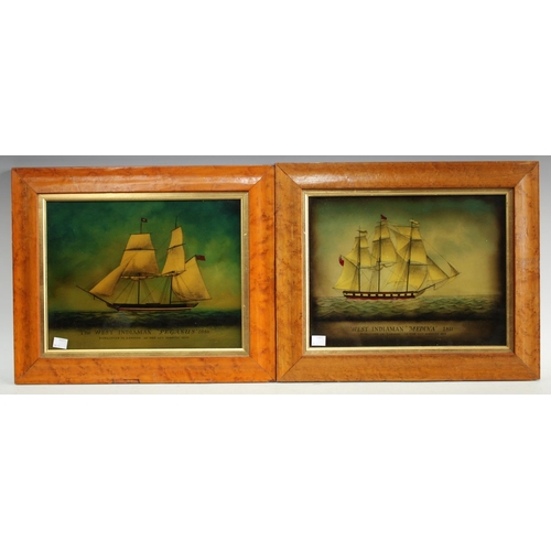 195 - A pair of reverse glass paintings, The West Indiaman and Pegasus and Medina, maple frames (2)