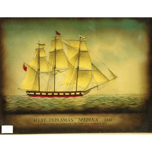 195 - A pair of reverse glass paintings, The West Indiaman and Pegasus and Medina, maple frames (2)