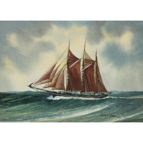 199 - Tony Warren A set of four, Schooners and Sailing Barge signed, titled to verso, watercolours (4)