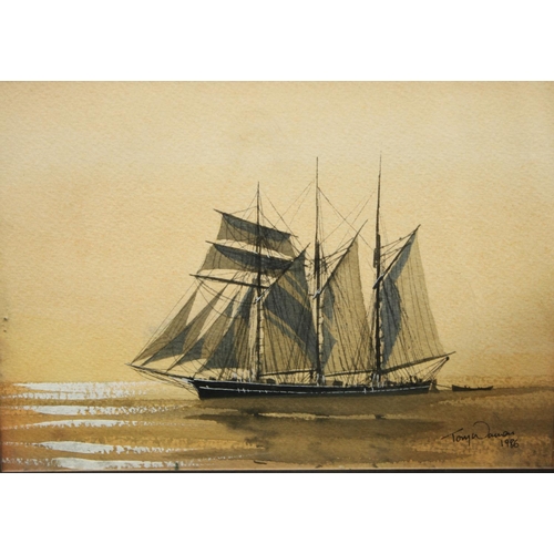 199 - Tony Warren A set of four, Schooners and Sailing Barge signed, titled to verso, watercolours (4)