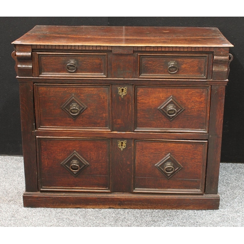 202 - A late 17th century oak block front chest, slightly oversailing rectangular top above a faux-dentil ... 